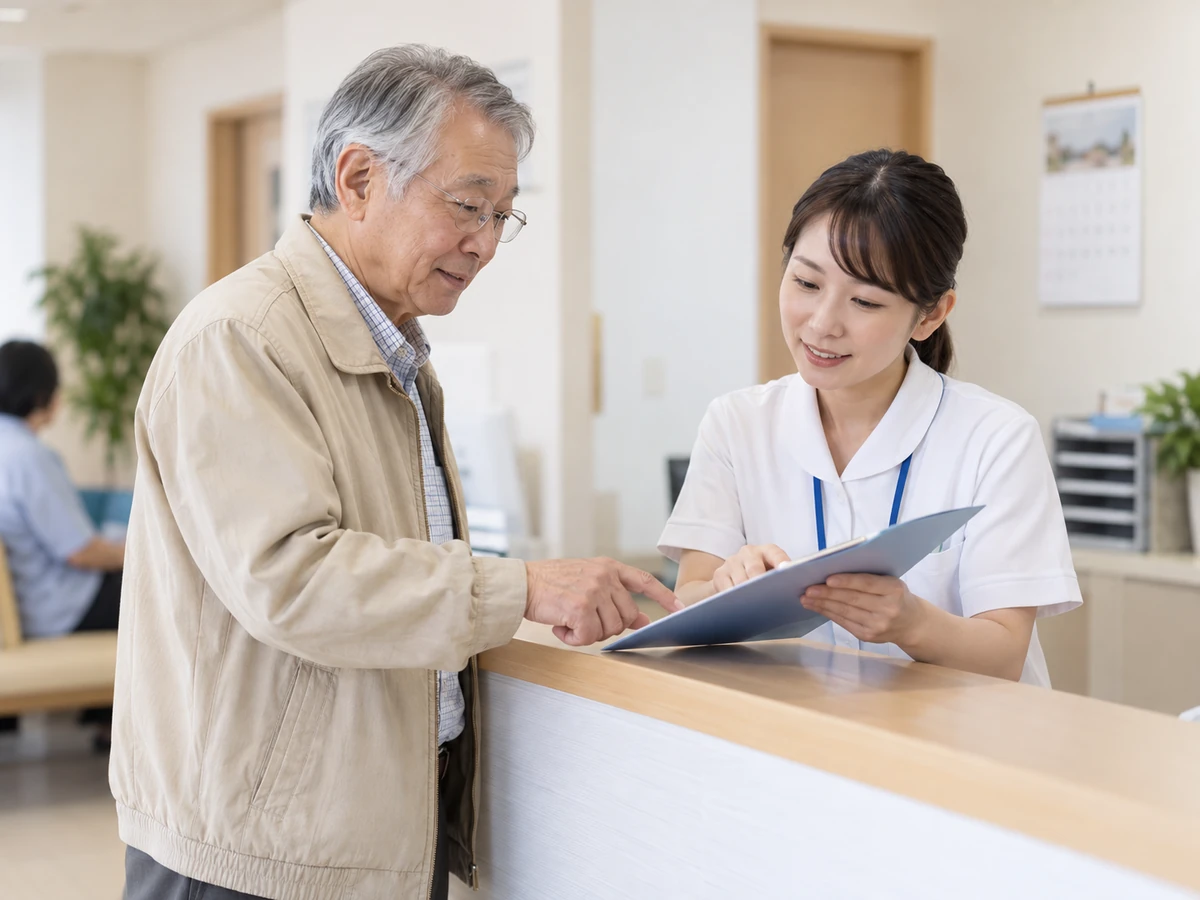 今後の受診について看護師と予約資料を確認する年配の男性