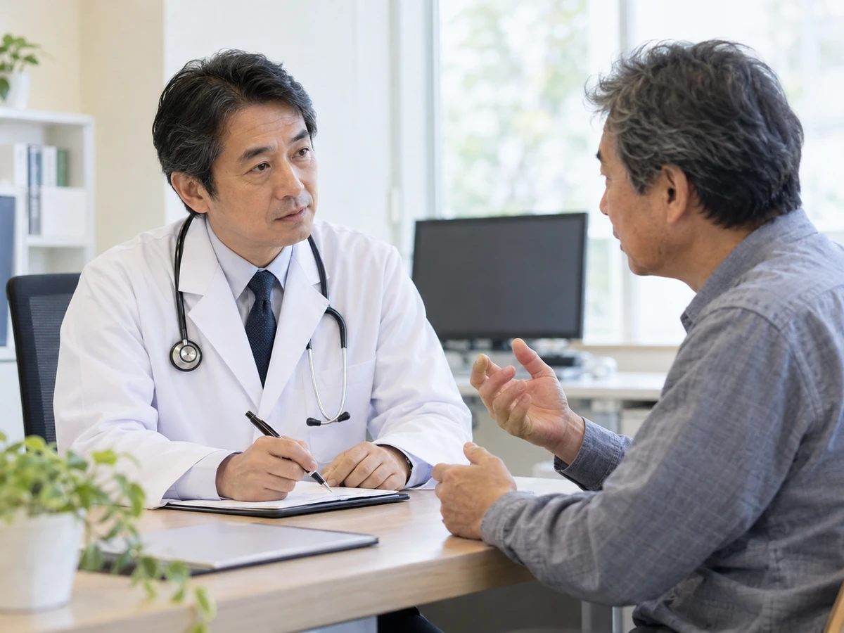 男性が医師に質問し、医師がメモを取りながら話を聞いている。