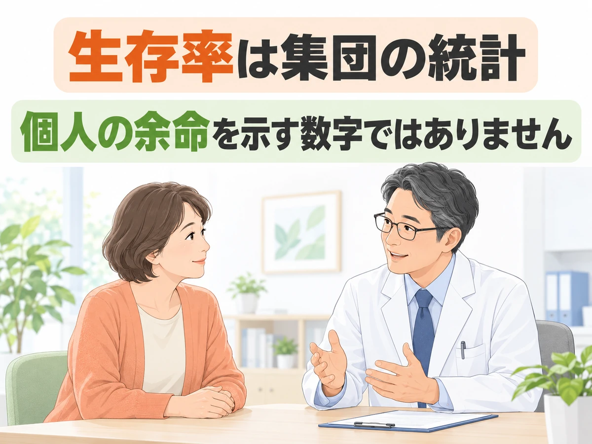 生存率は集団の統計で個人の余命を示す数字ではないと伝える、医師と患者のイラスト