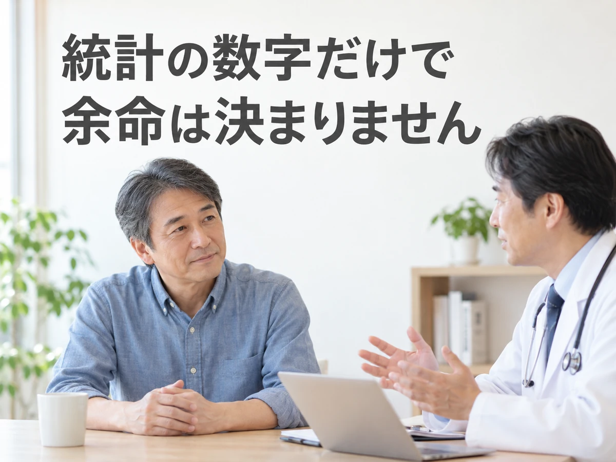 医師に相談する男性と、「統計の数字だけで余命は決まりません」という説明。