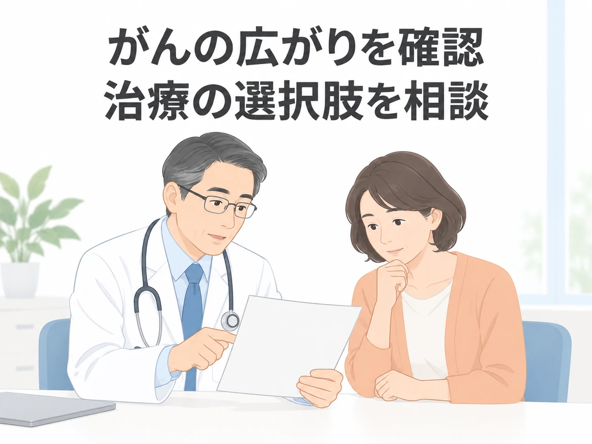 がんの広がりを確認して治療の選択肢を相談する、医師と女性のイラスト。