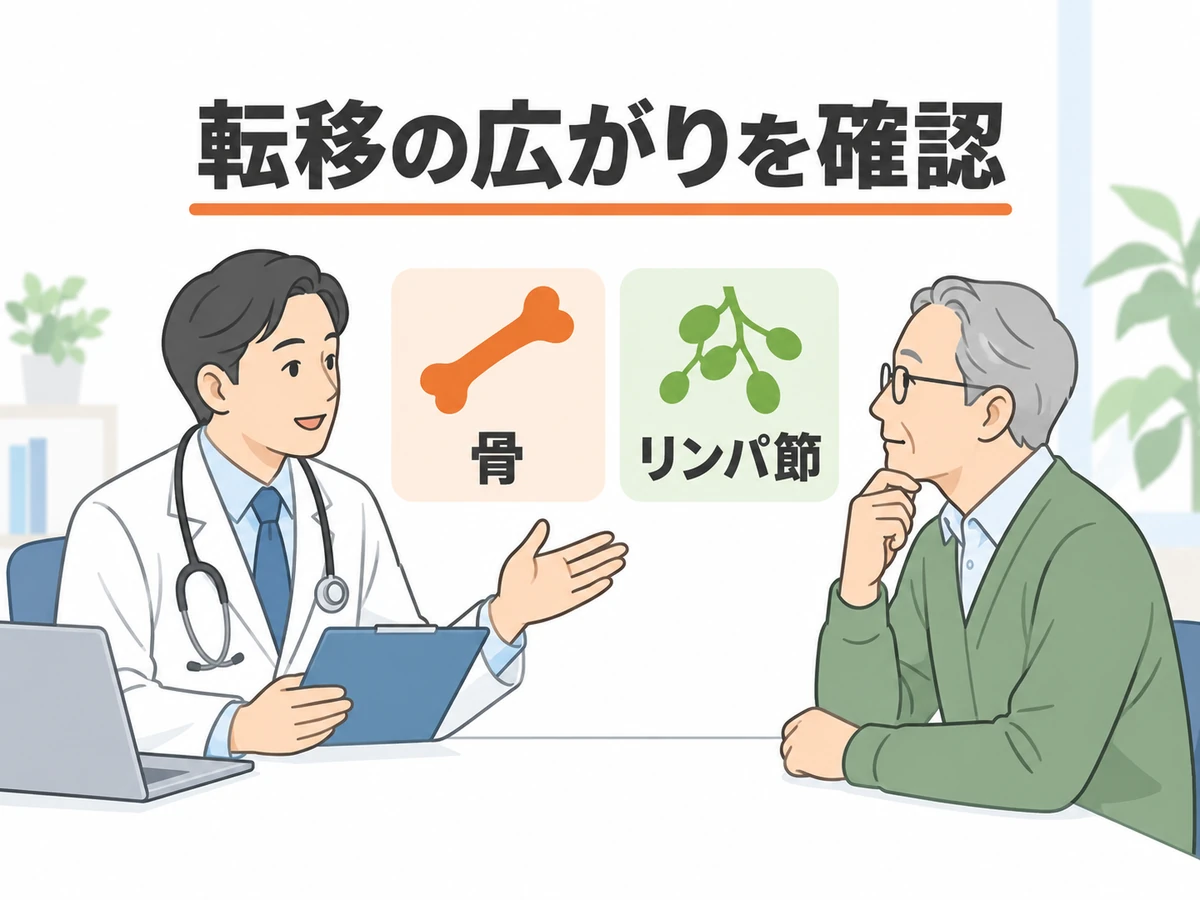 骨とリンパ節のアイコンを添え、転移の広がりを医師と確認する男性のイラスト