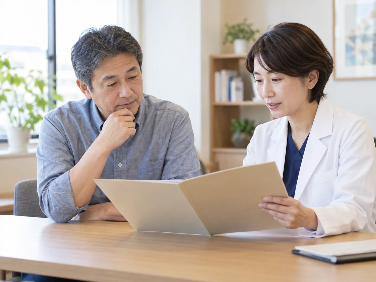 医師と一緒に資料を見る男性