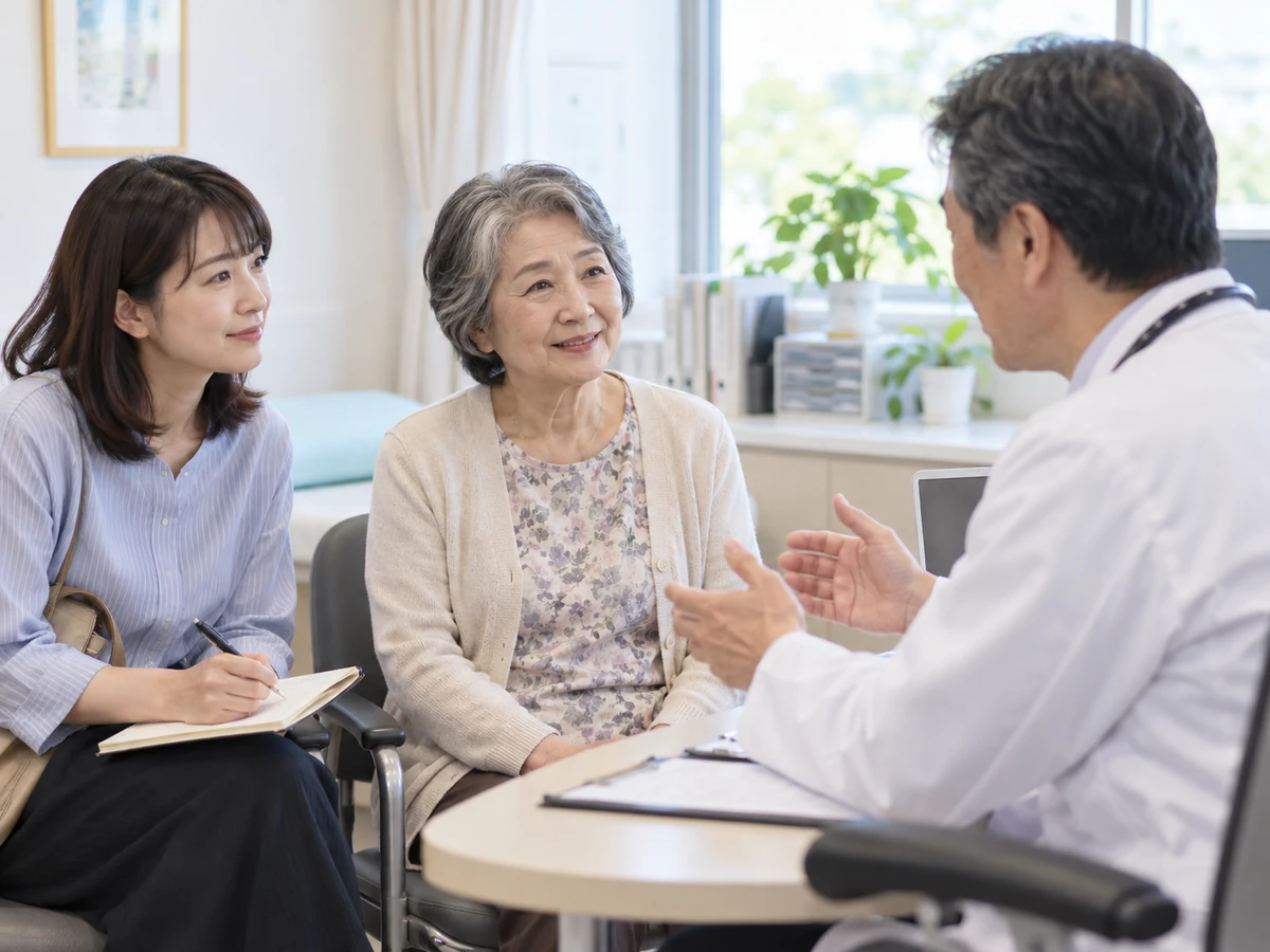 家族の同席で医師に病状や今後について相談する高齢女性