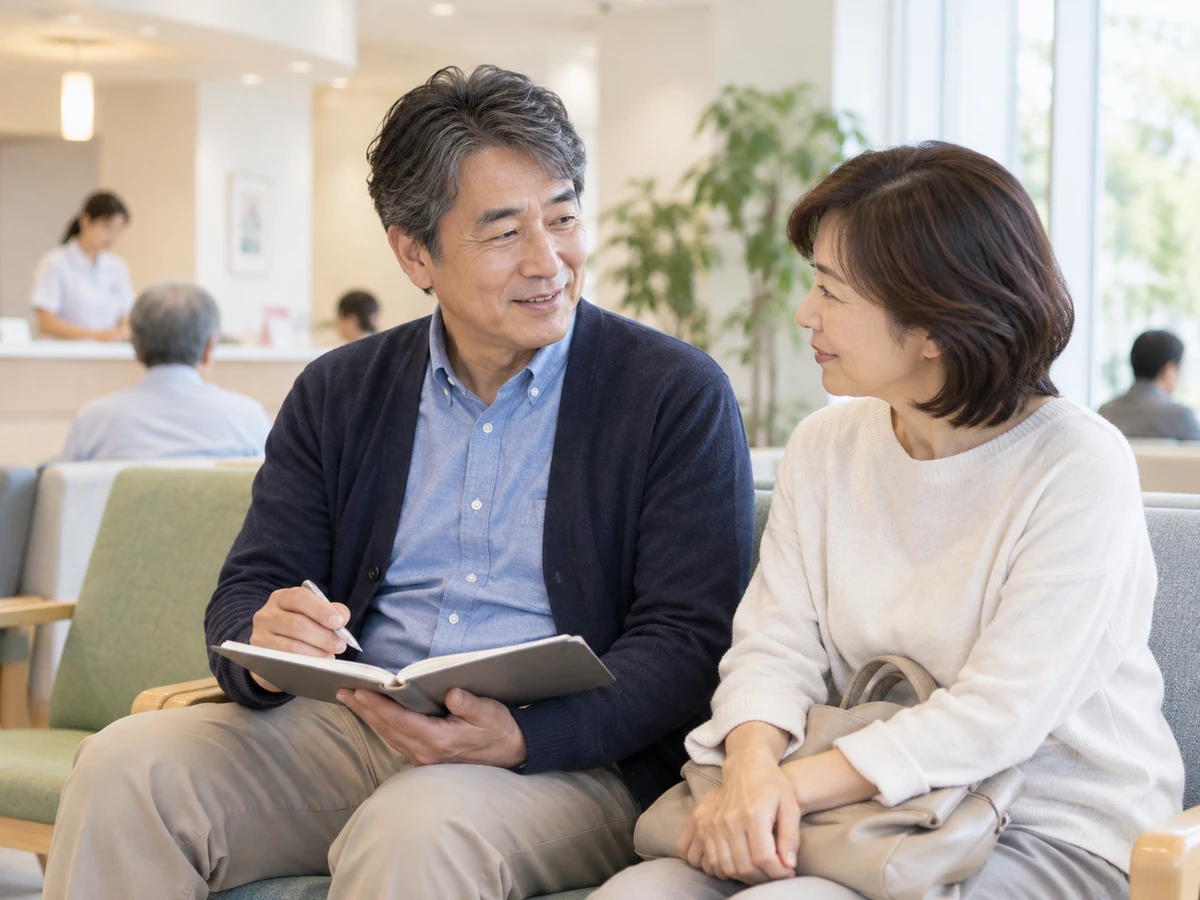 病院の待合室で手帳を見ながら話す夫婦の写真