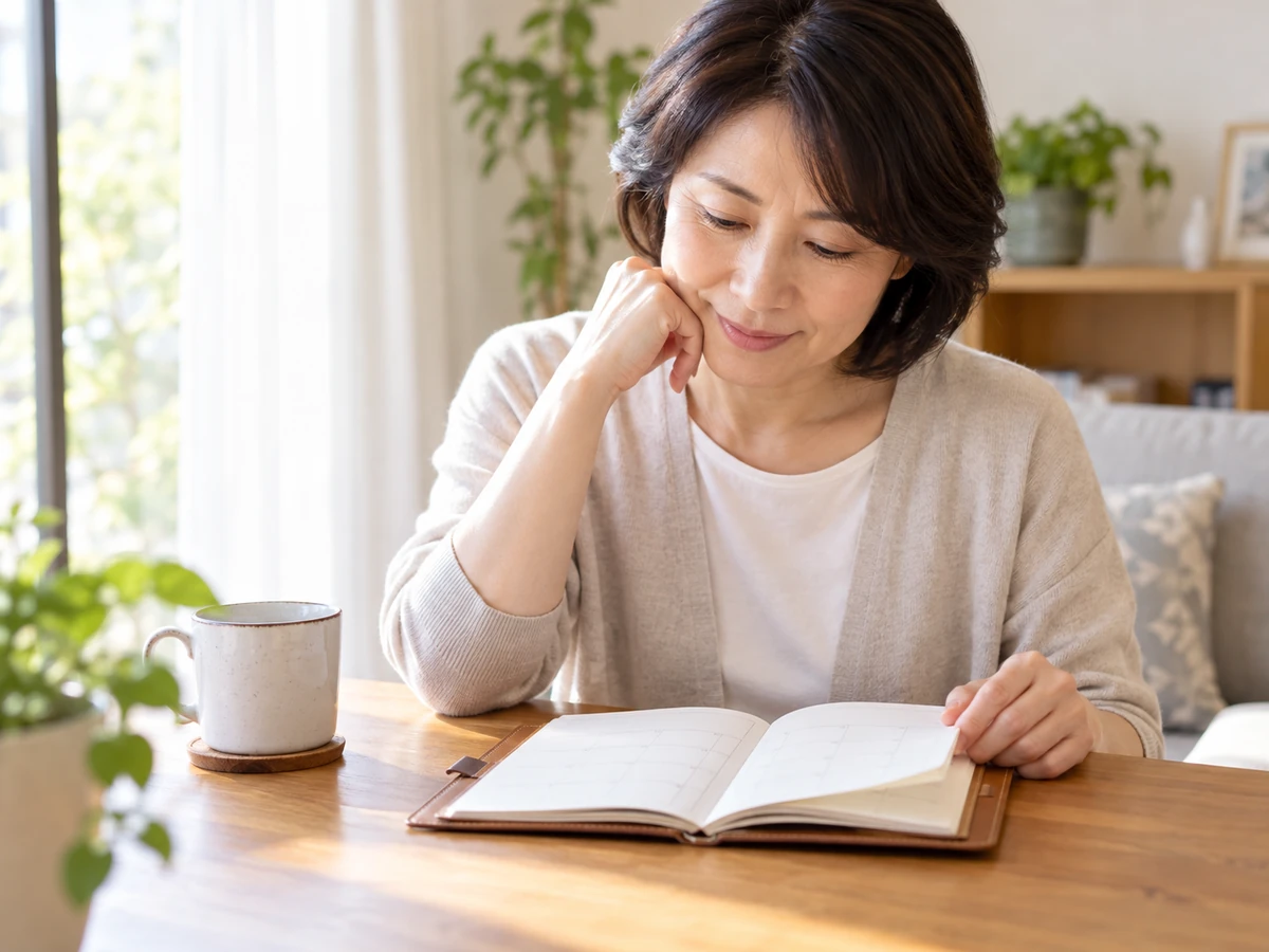 予定表を見ながら通院の予定を確認する女性