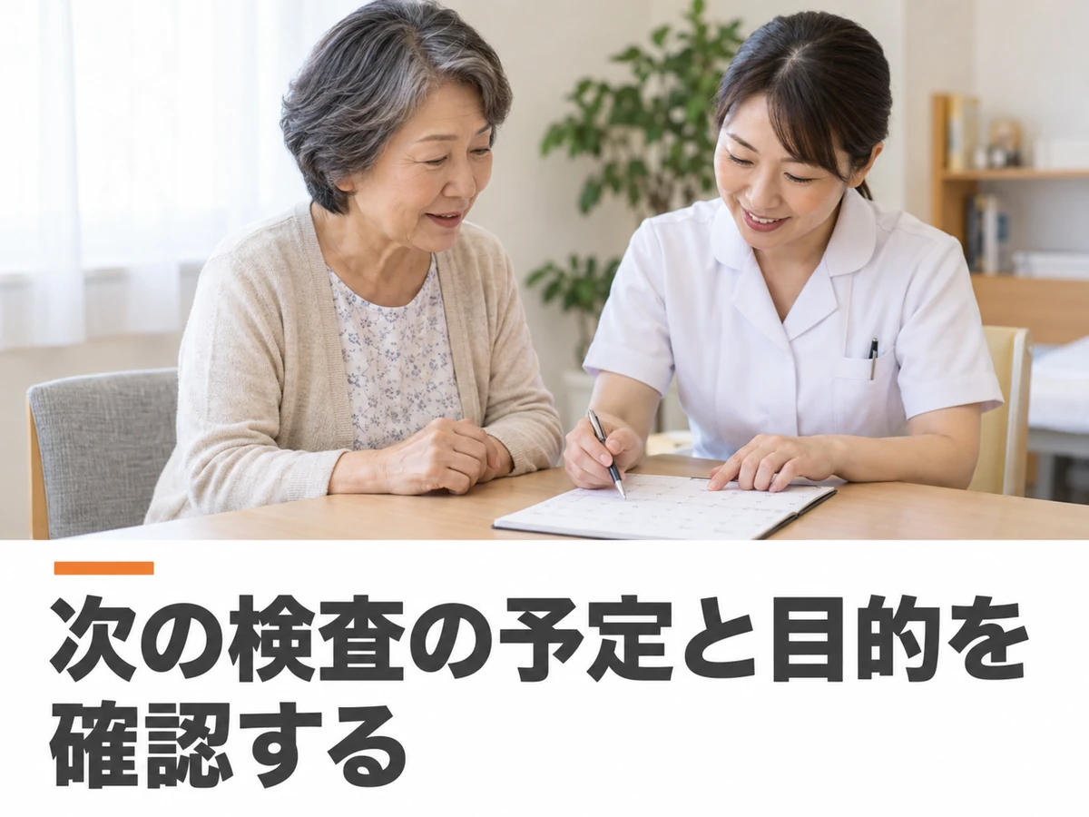 女性と看護師が予定表を確認する写真に、「次の検査の予定と目的を確認する」と添えた画像。