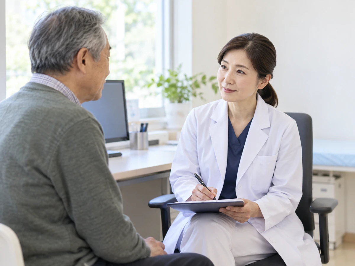 診察室で男性が医師と話し、医師がタブレットに記録している。