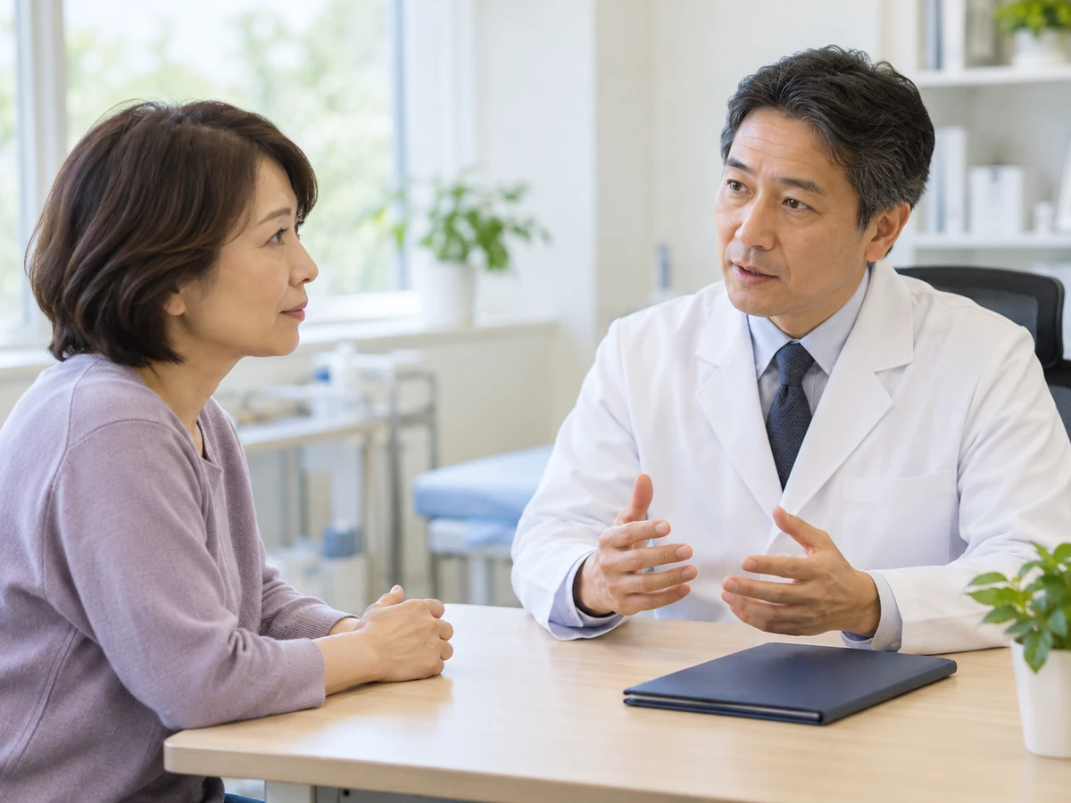 診察室で医師と経過観察について相談する女性