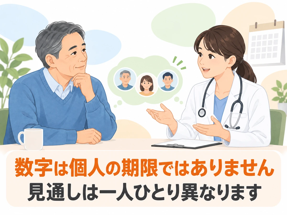 医師と男性が相談する場面に、数字は個人の期限ではなく、見通しは一人ひとり異なると添えたイラスト。