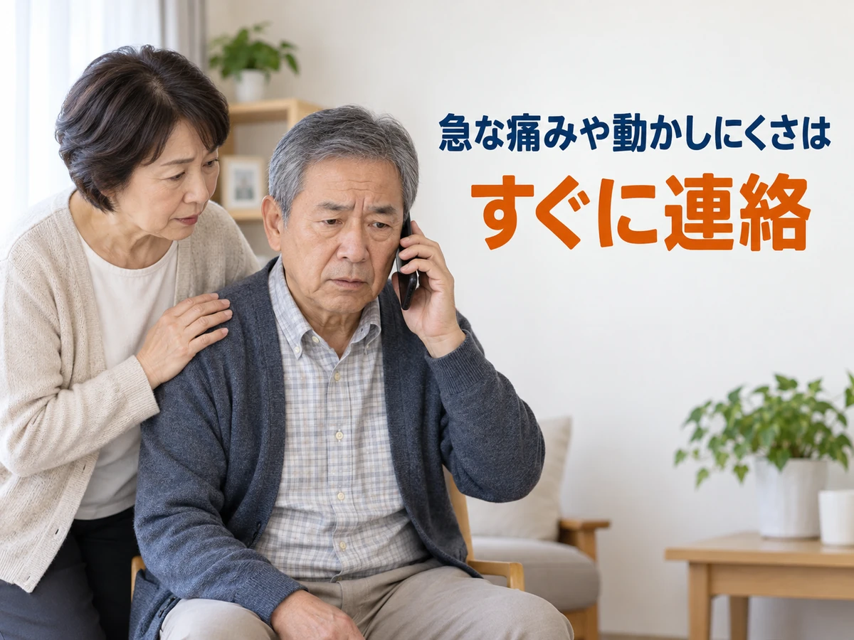 急な痛みや動かしにくさはすぐに連絡という言葉を添えた、配偶者に寄り添われながら電話をする男性の写真