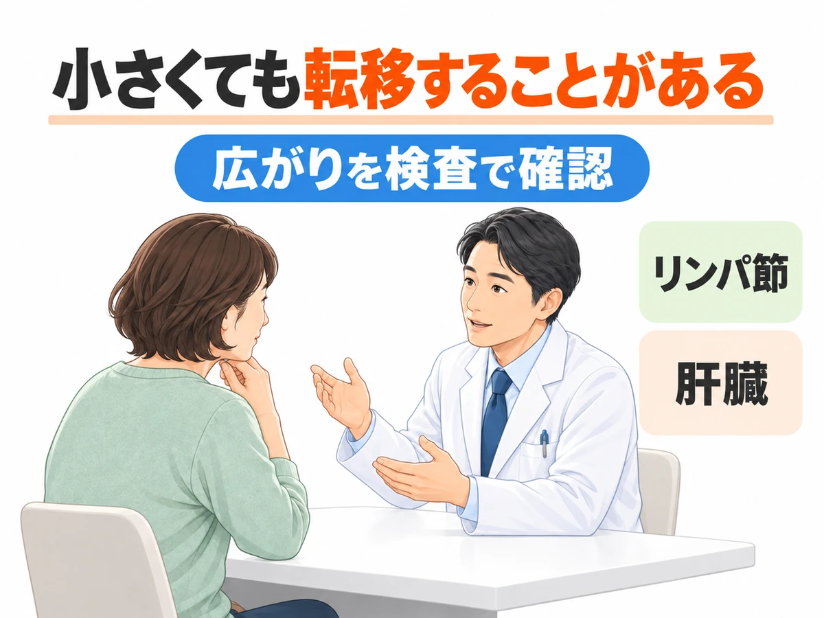 リンパ節や肝臓への転移の可能性を挙げ、広がりを検査で確認することを伝えるイラスト