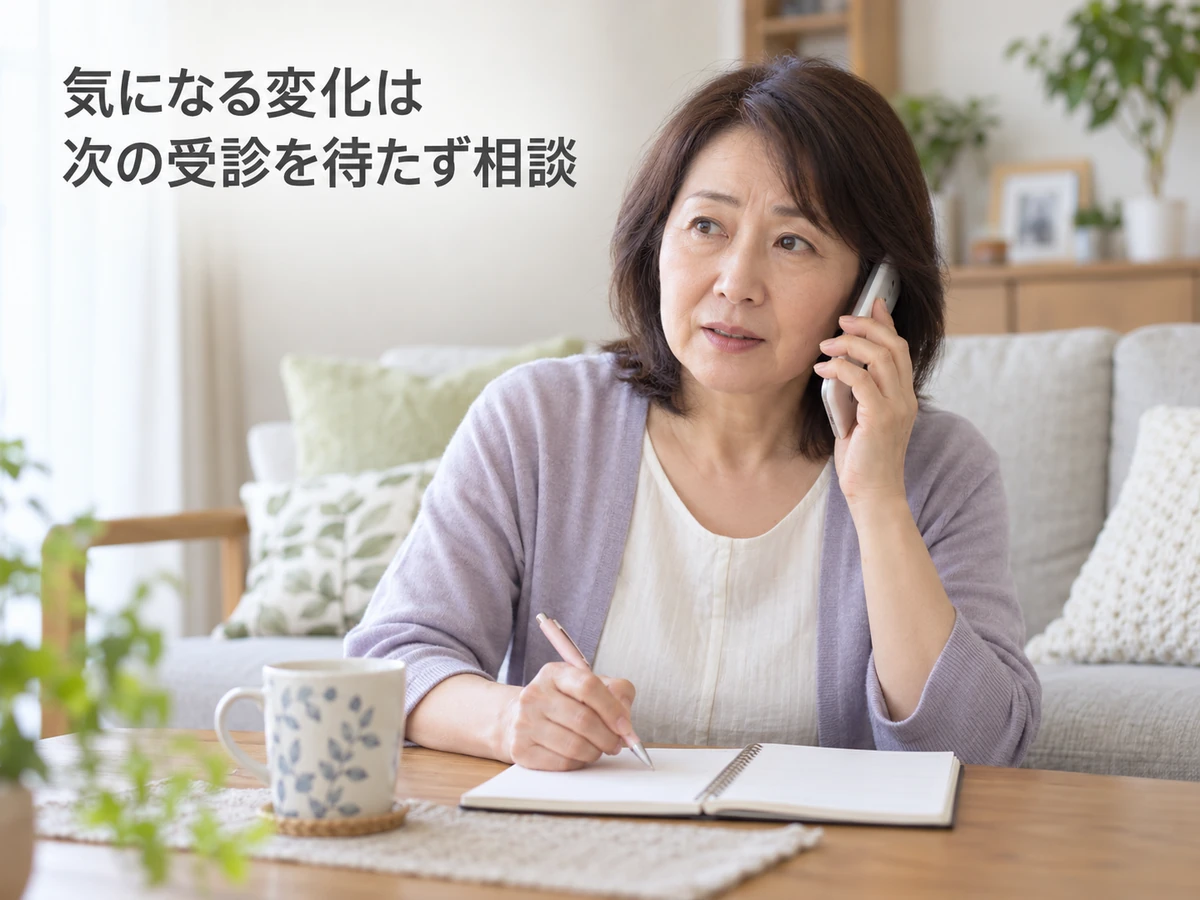 気になる変化は次の受診を待たず相談するよう伝える、電話とメモを使う女性の写真。