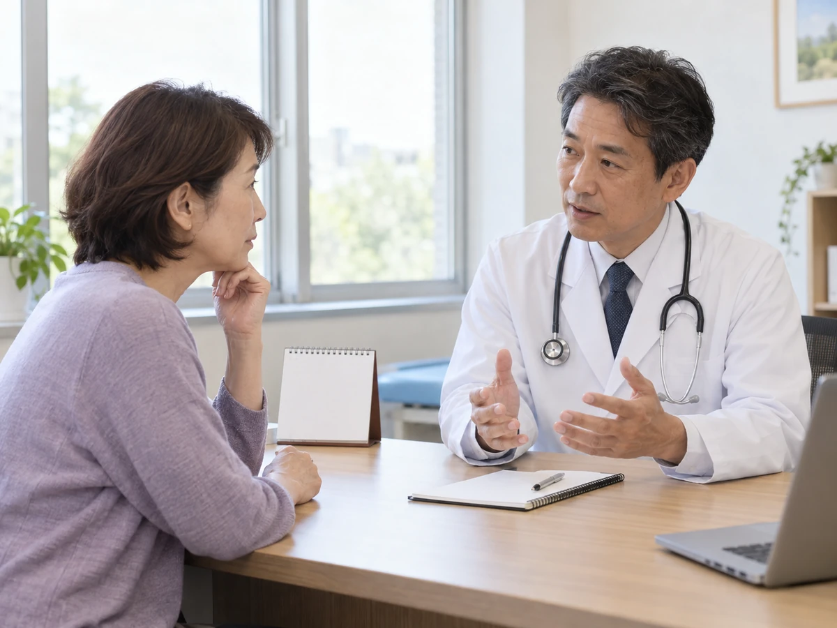 女性と医師がノートを前に、治療後の経過について相談している。