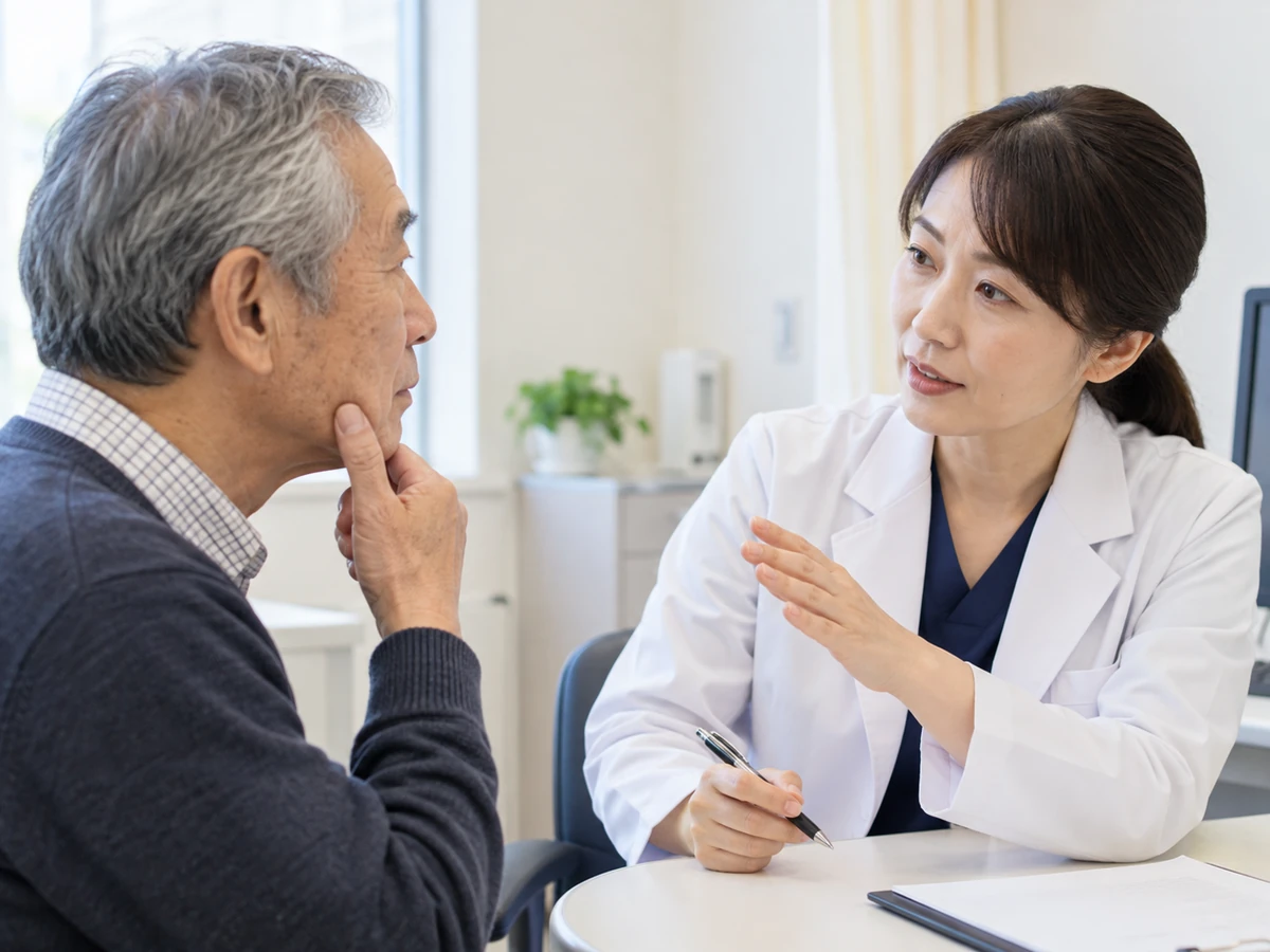 男性が頬の気になる場所を示し、女性医師に相談している。