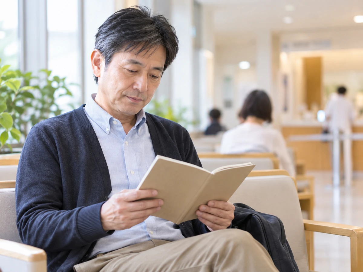 病院の待合室で、男性が手帳を開いて確認している。