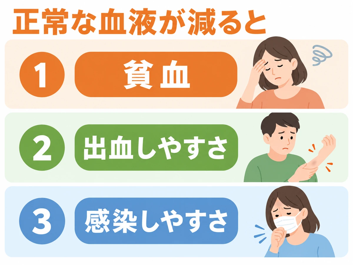 正常な血液が減ることで貧血、出血しやすさ、感染しやすさにつながると示す図解