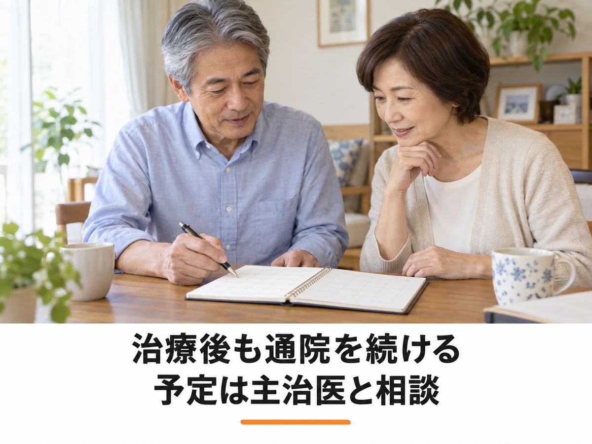 妻と予定を確認する男性と「治療後も通院を続ける 予定は主治医と相談」の文字