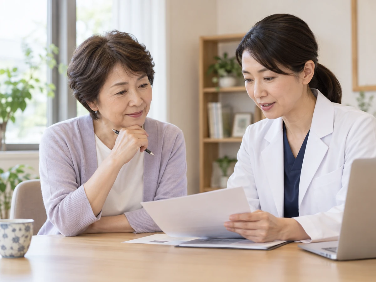 医師と一緒に説明資料を確認する女性