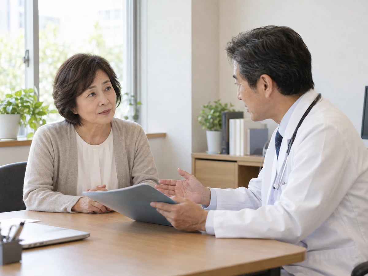 女性が医師の説明に耳を傾け、次の治療について相談している。