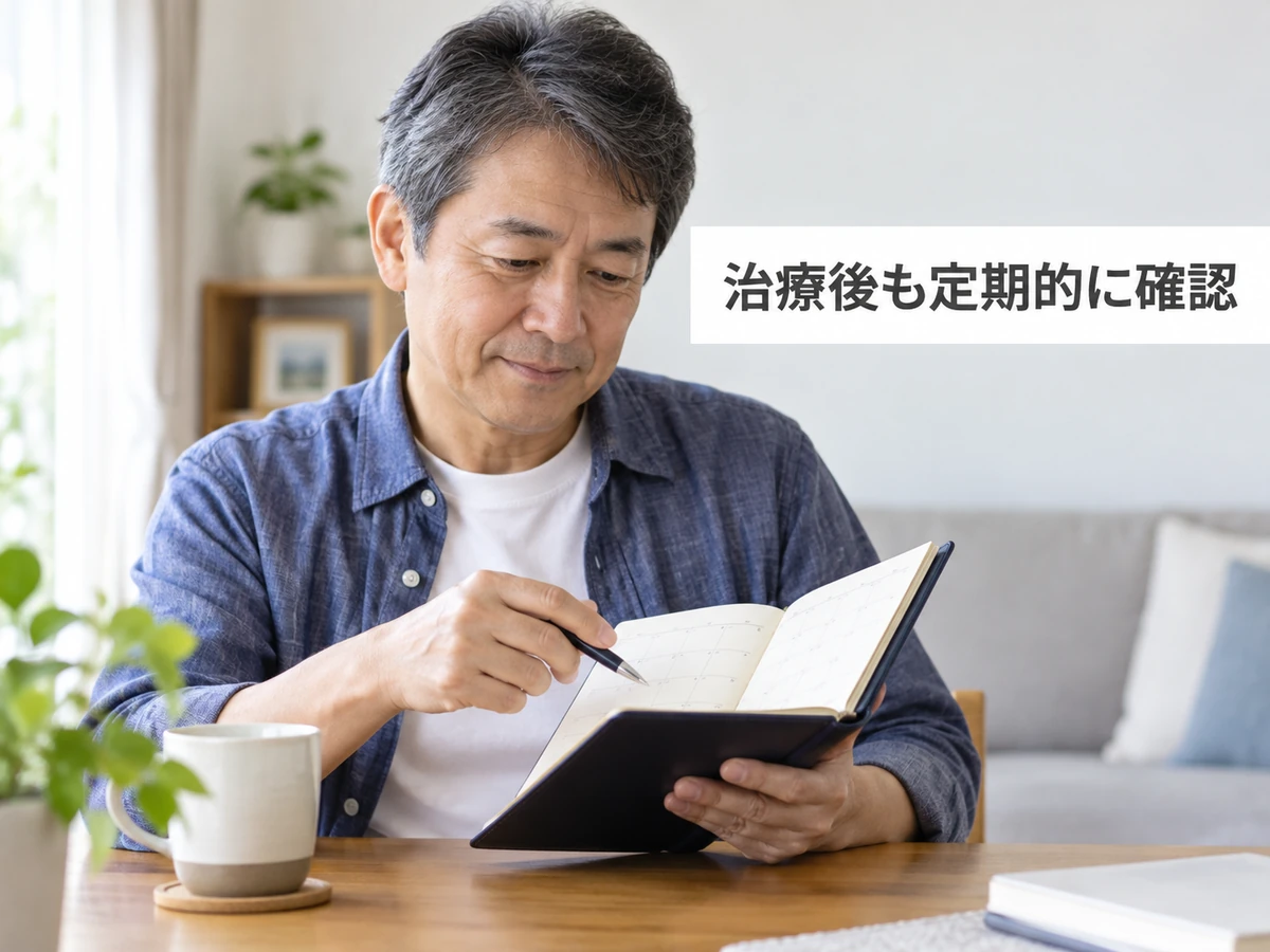 治療後の定期的な確認を意識し、手帳に予定を記す男性