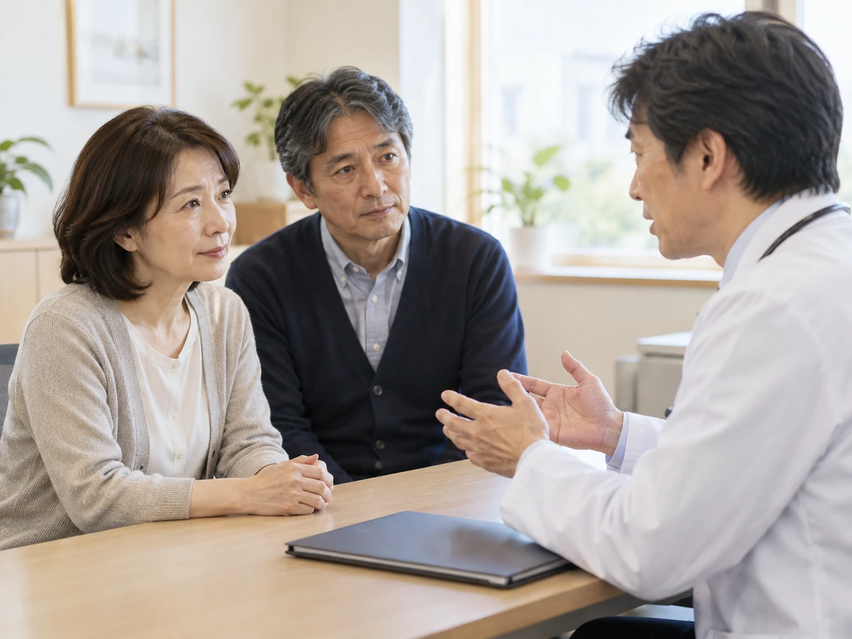 男性と女性が、診察室で医師の説明を聞く様子