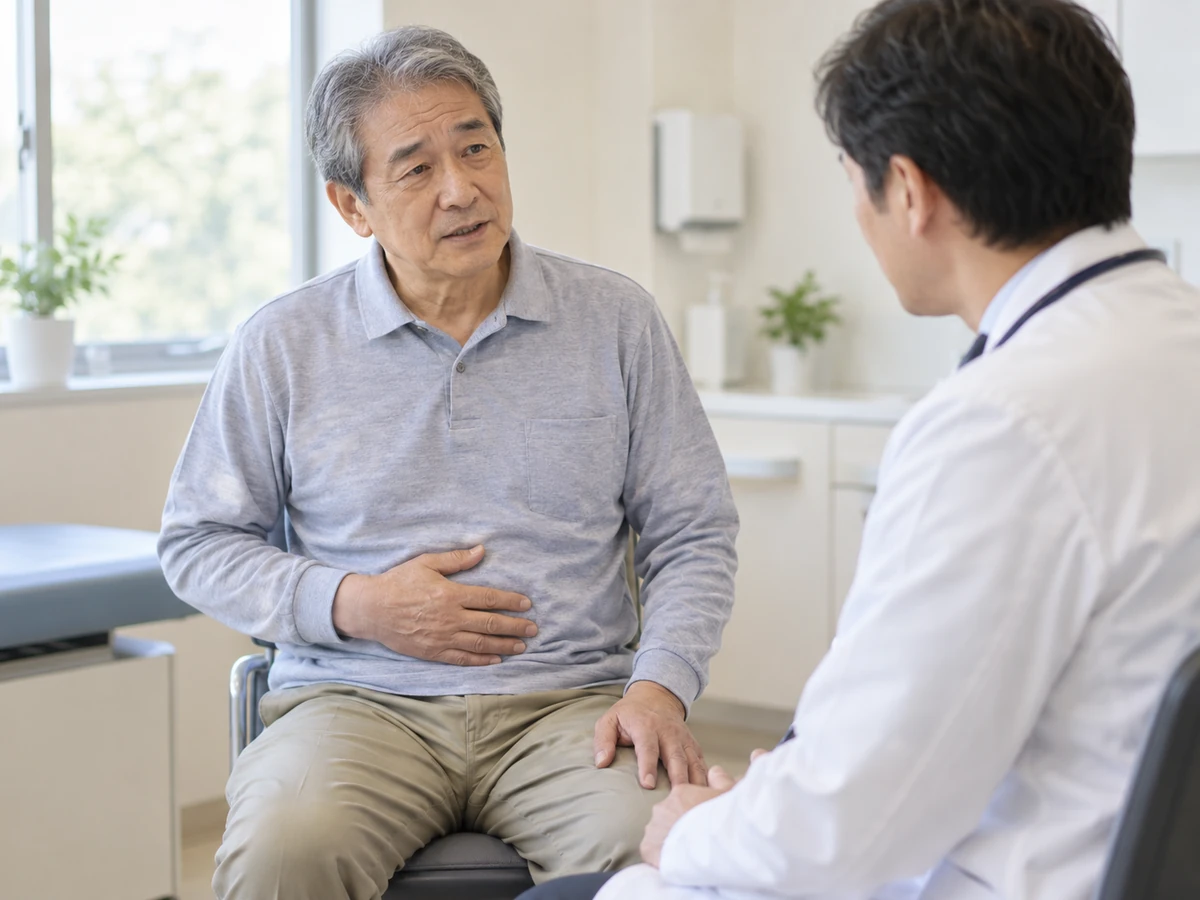 おなかに手を添え、診察室で医師に体調を話す男性