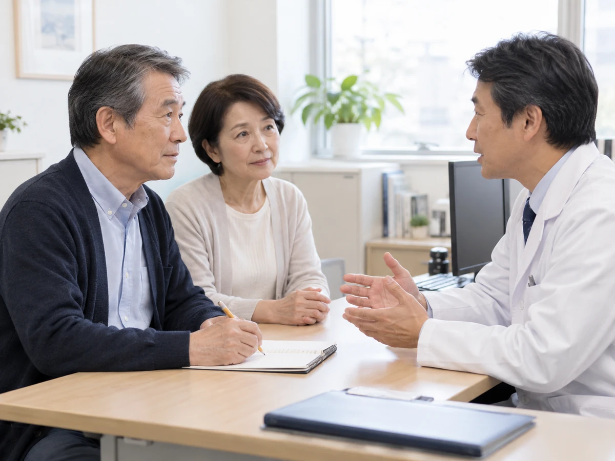 前立腺がんの再燃後の治療について夫婦で医師の説明を聞く場面