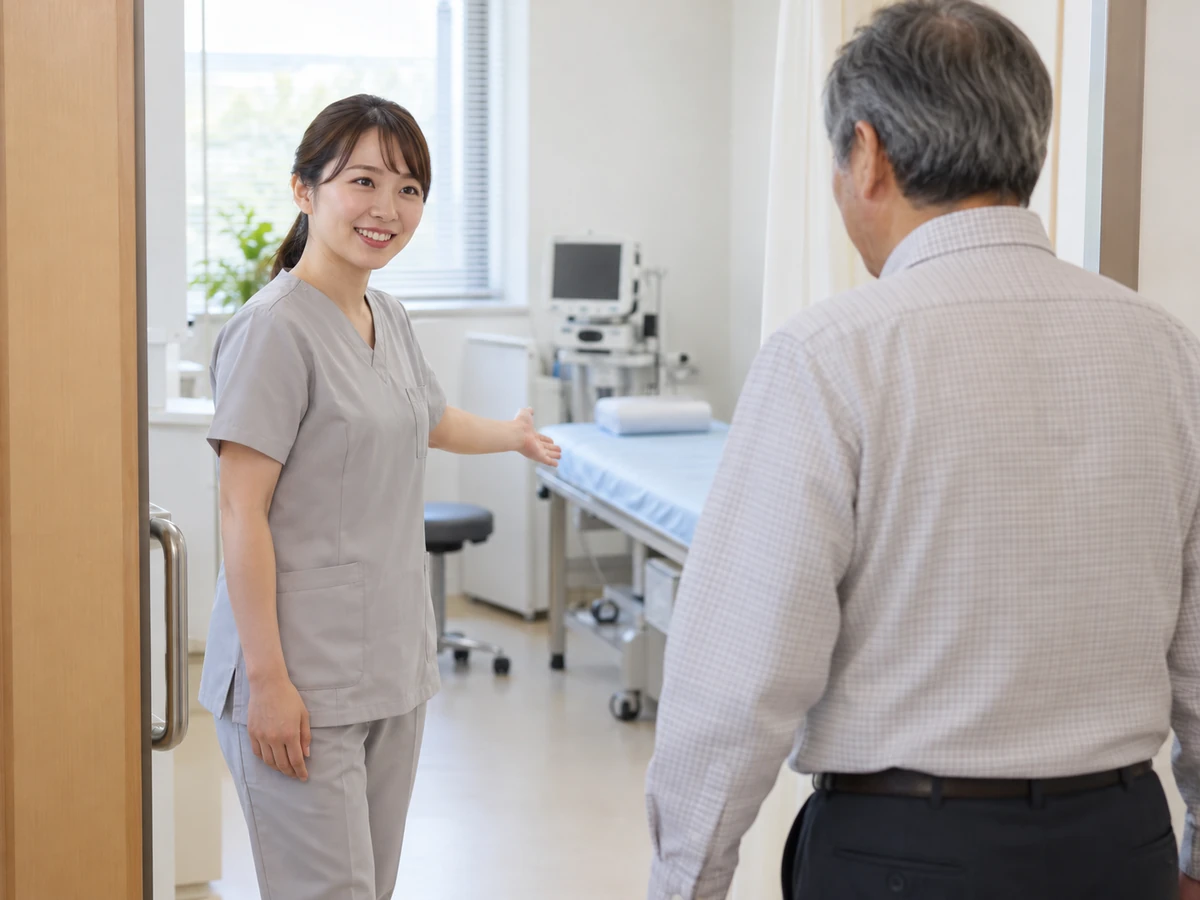 看護師が男性を検査室へ案内している。奥に診察台と検査機器が見える。
