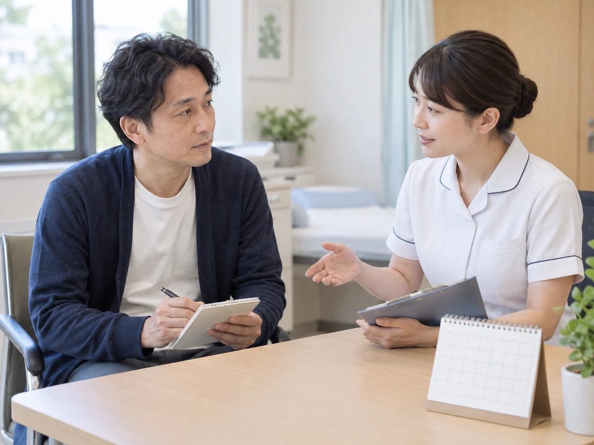 男性がノートに書き留めながら看護師と相談する様子