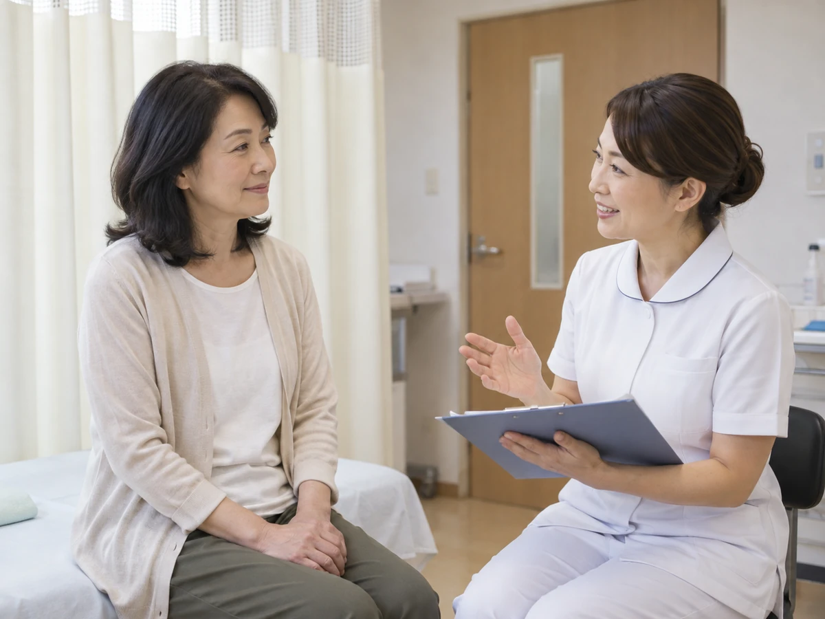 検査前の部屋で看護師から説明を聞く女性