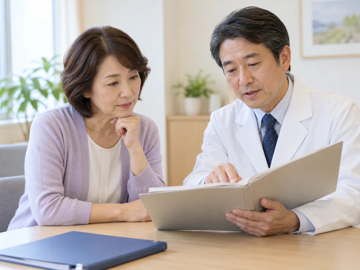 過去の治療資料が入ったファイルを医師と見返す女性。
