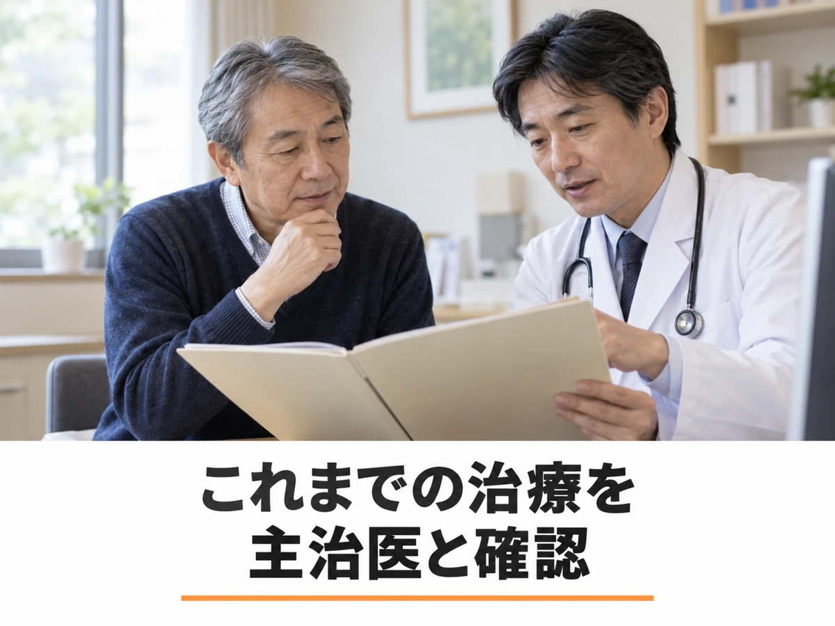 これまでの治療について資料を見ながら主治医と確認する男性