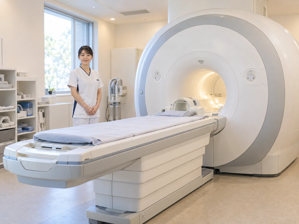 MRI装置と空の検査台、その横に立つ医療スタッフ