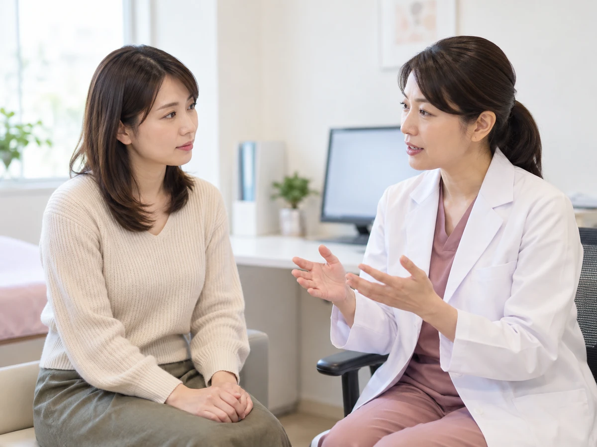 検査前に女性医師から説明を聞く女性。