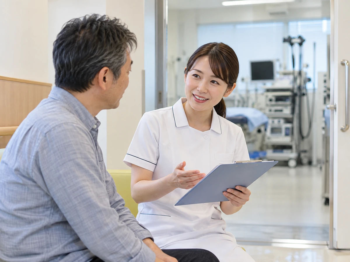 内視鏡検査室の前で看護師から説明を受ける男性の写真