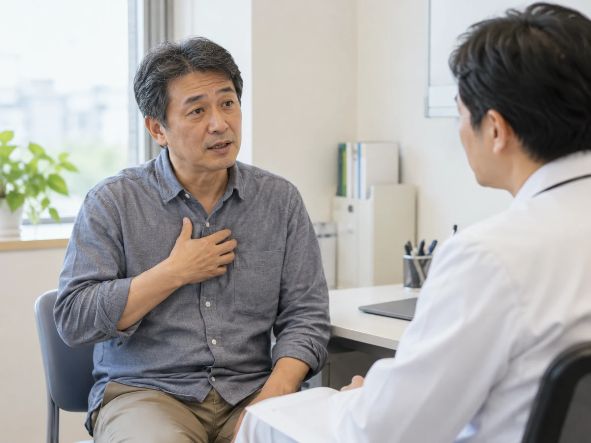男性が胸に手を添え、気になる症状について医師に話している。