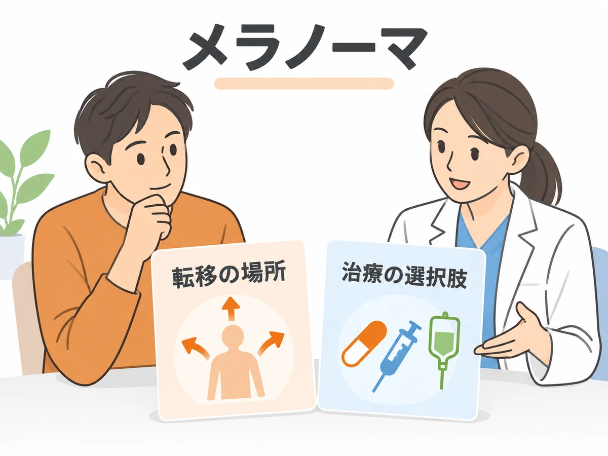 メラノーマの転移の場所と治療の選択肢について、男性と医師がカードを使って相談するイラスト。