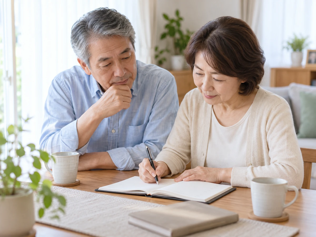 自宅でノートを開き、通院の予定を一緒に整理する夫婦