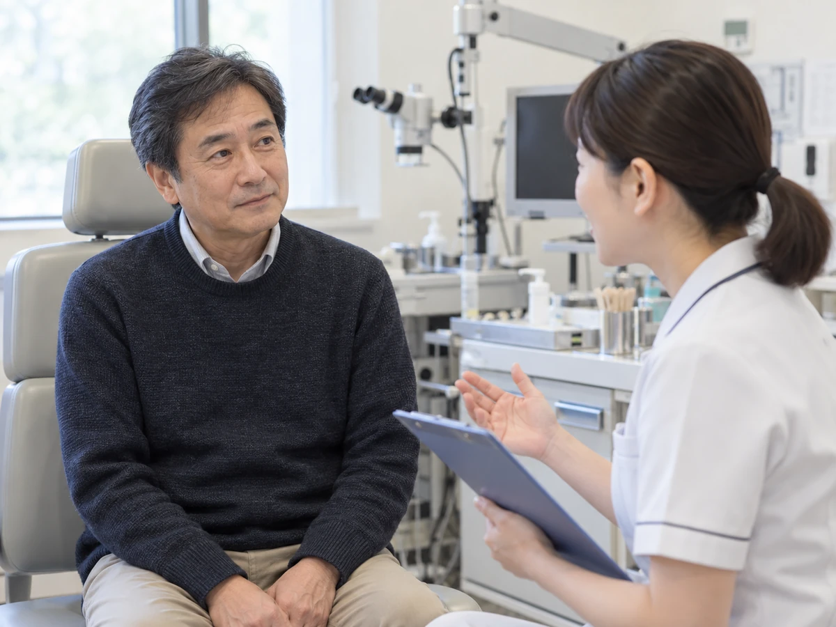 検査前の診察室で医療スタッフから説明を聞く男性