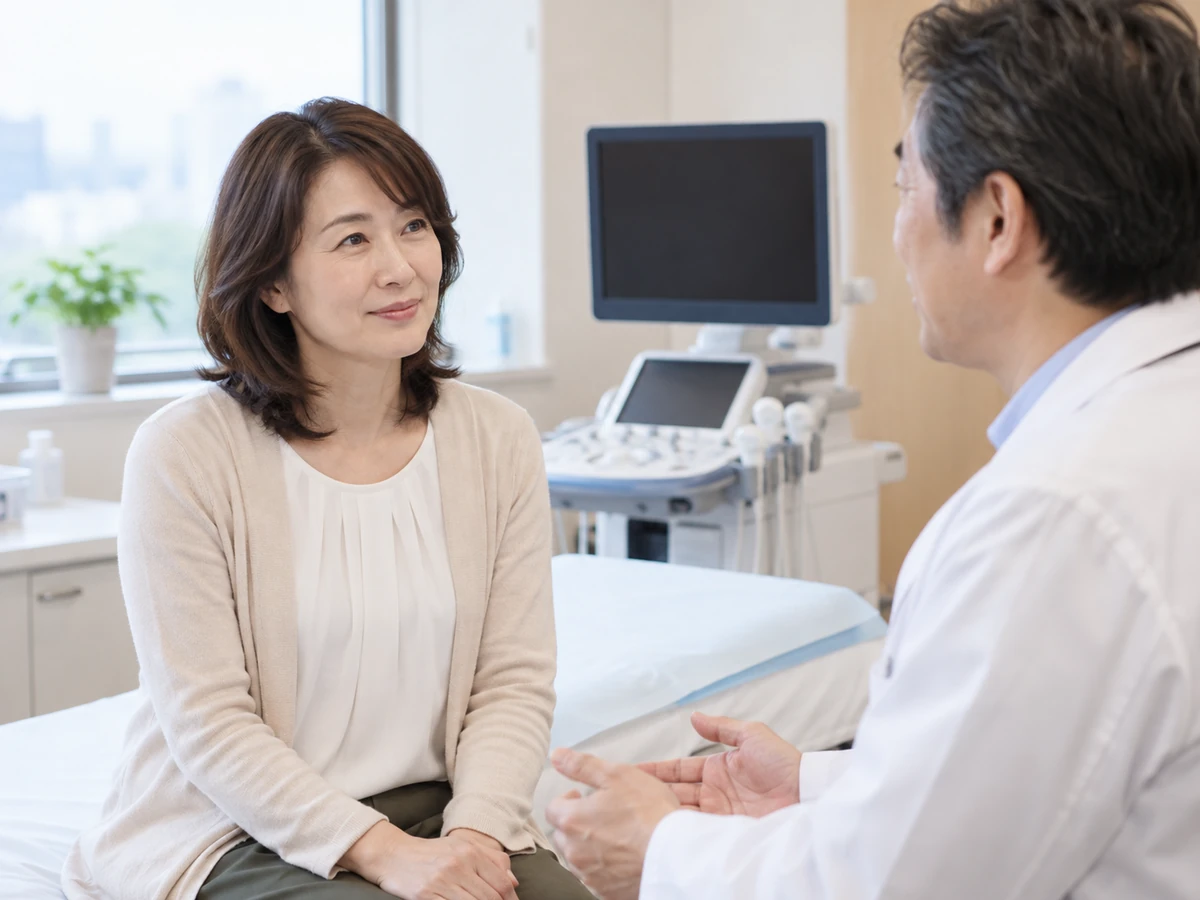 超音波検査装置がある診察室で医師と話す女性