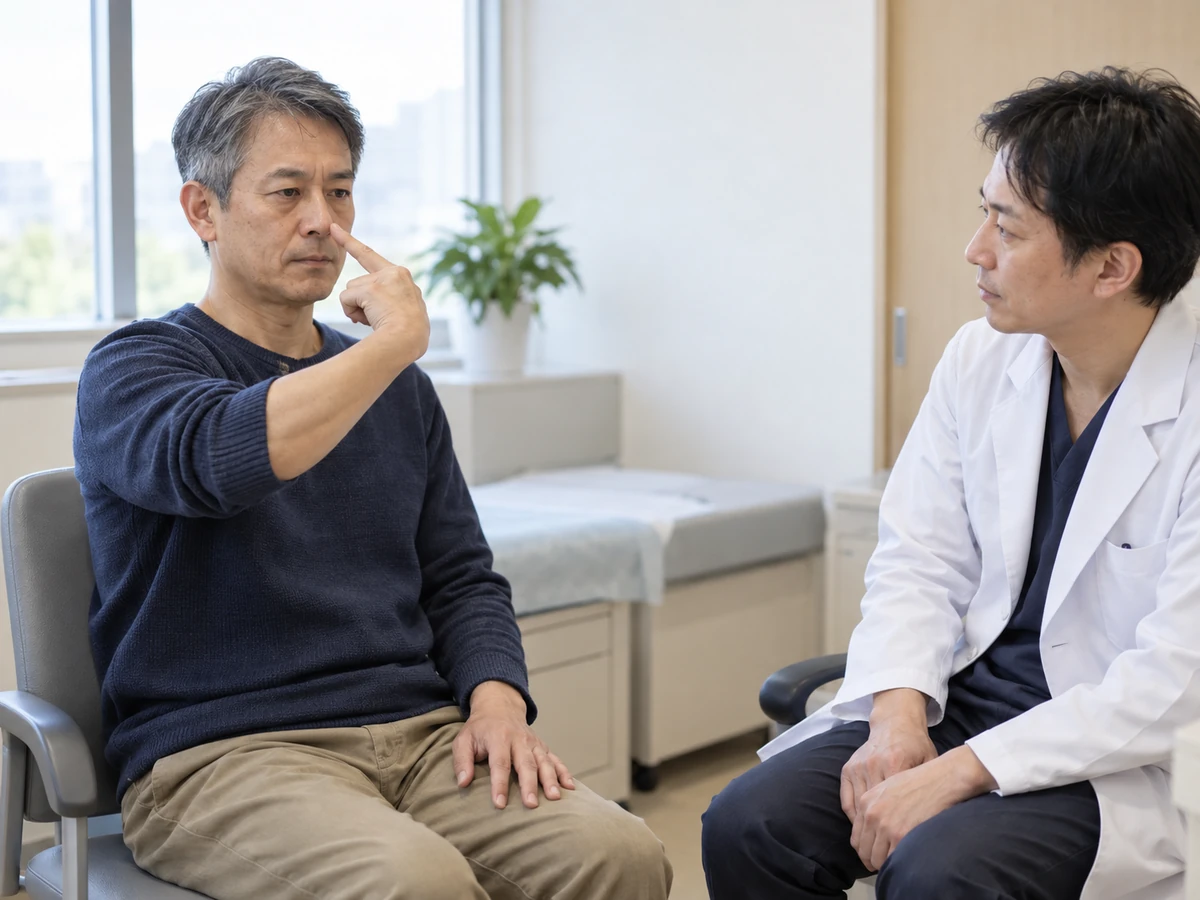 医師の前で、男性が自分の鼻に人さし指を近づける神経学的検査の様子