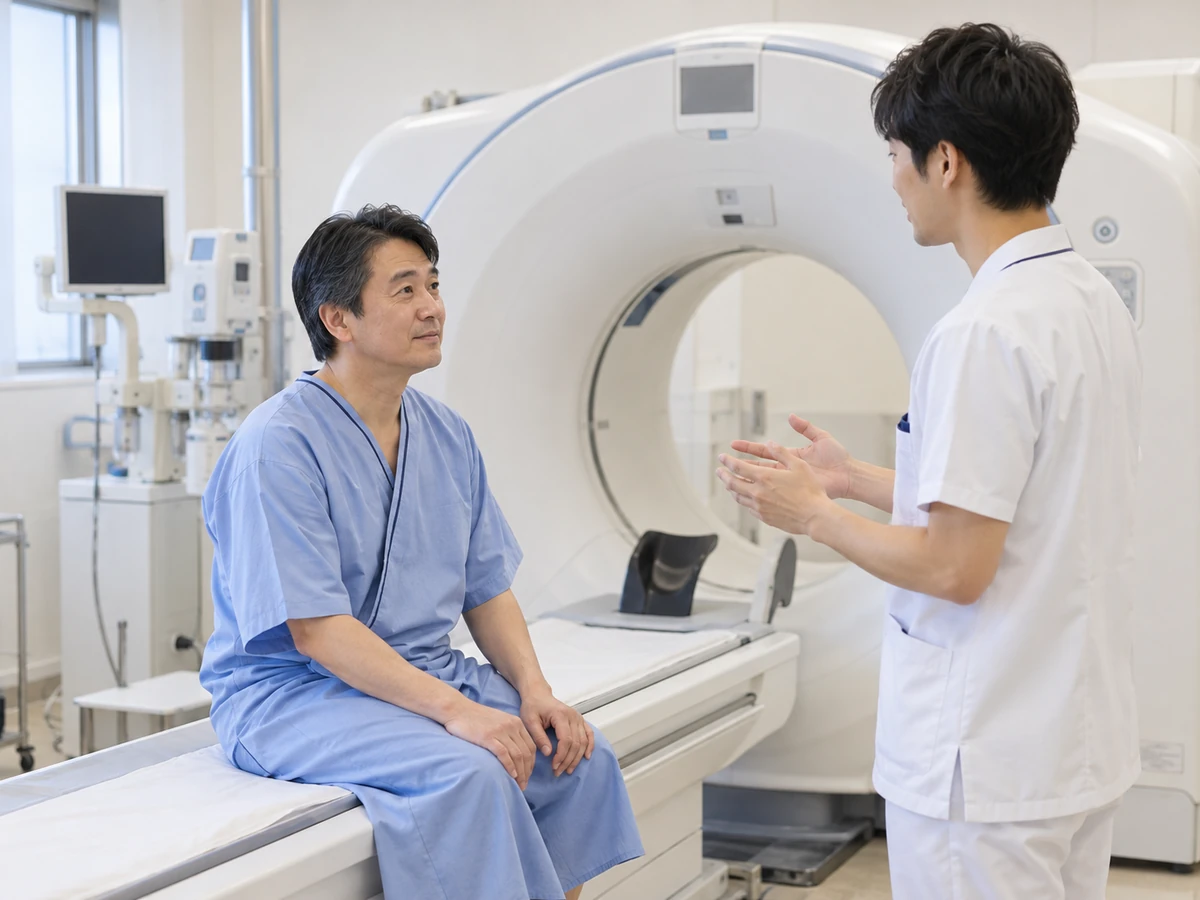 CT検査室で検査着の男性が技師から検査前の説明を聞く様子