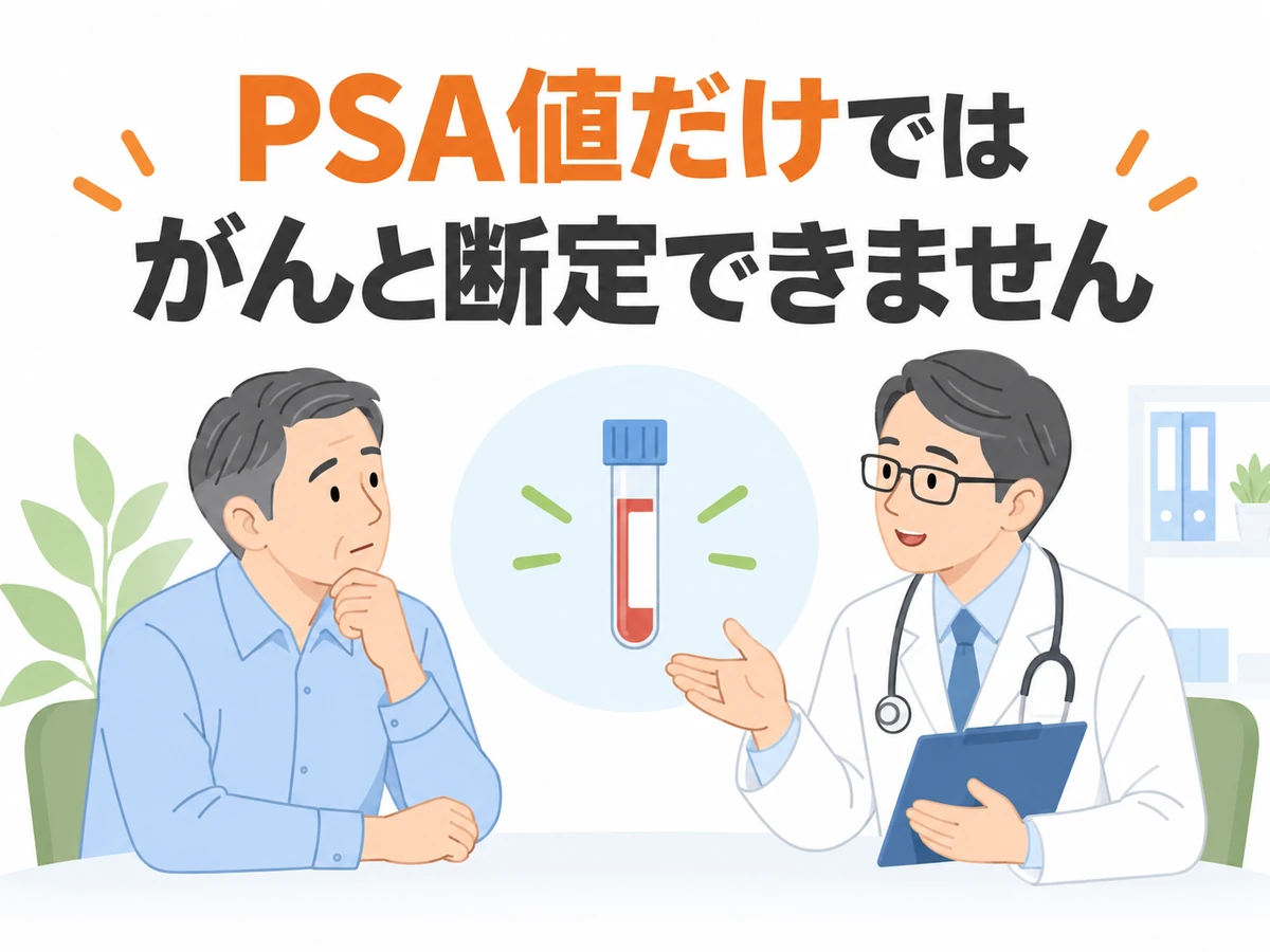 PSA値だけではがんと断定できないことを伝える、採血管と医師・男性の図解