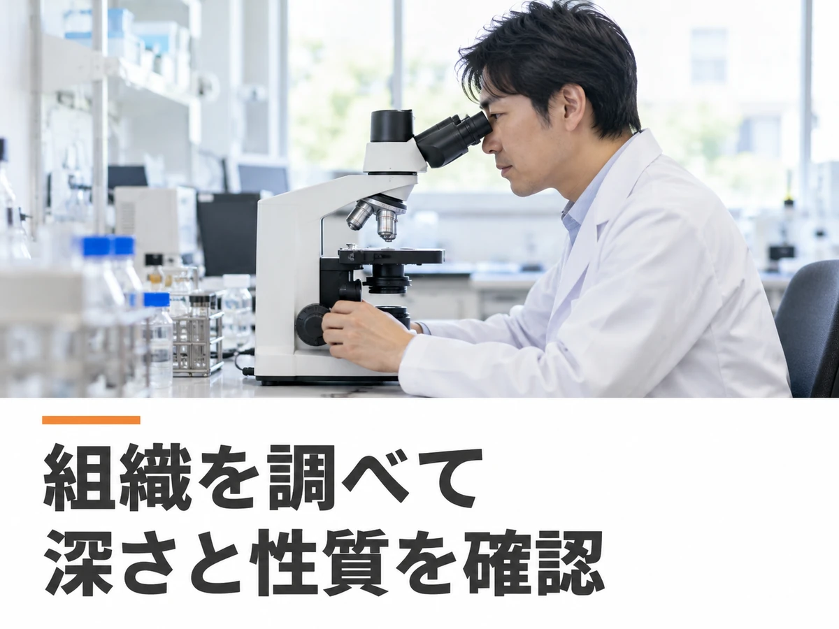 顕微鏡を使う検査担当者の写真に、「組織を調べて深さと性質を確認」と添えた画像。