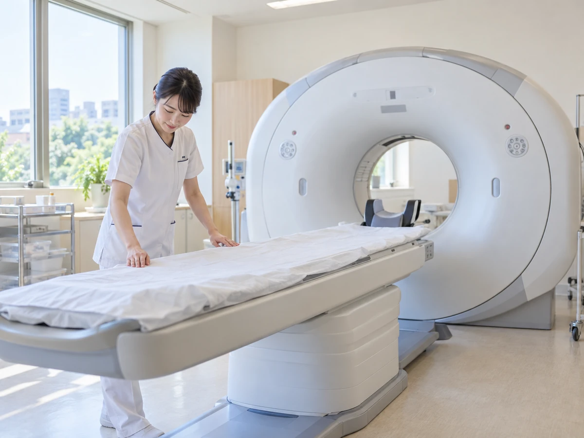CT装置の前で、検査担当者が寝台を準備している。