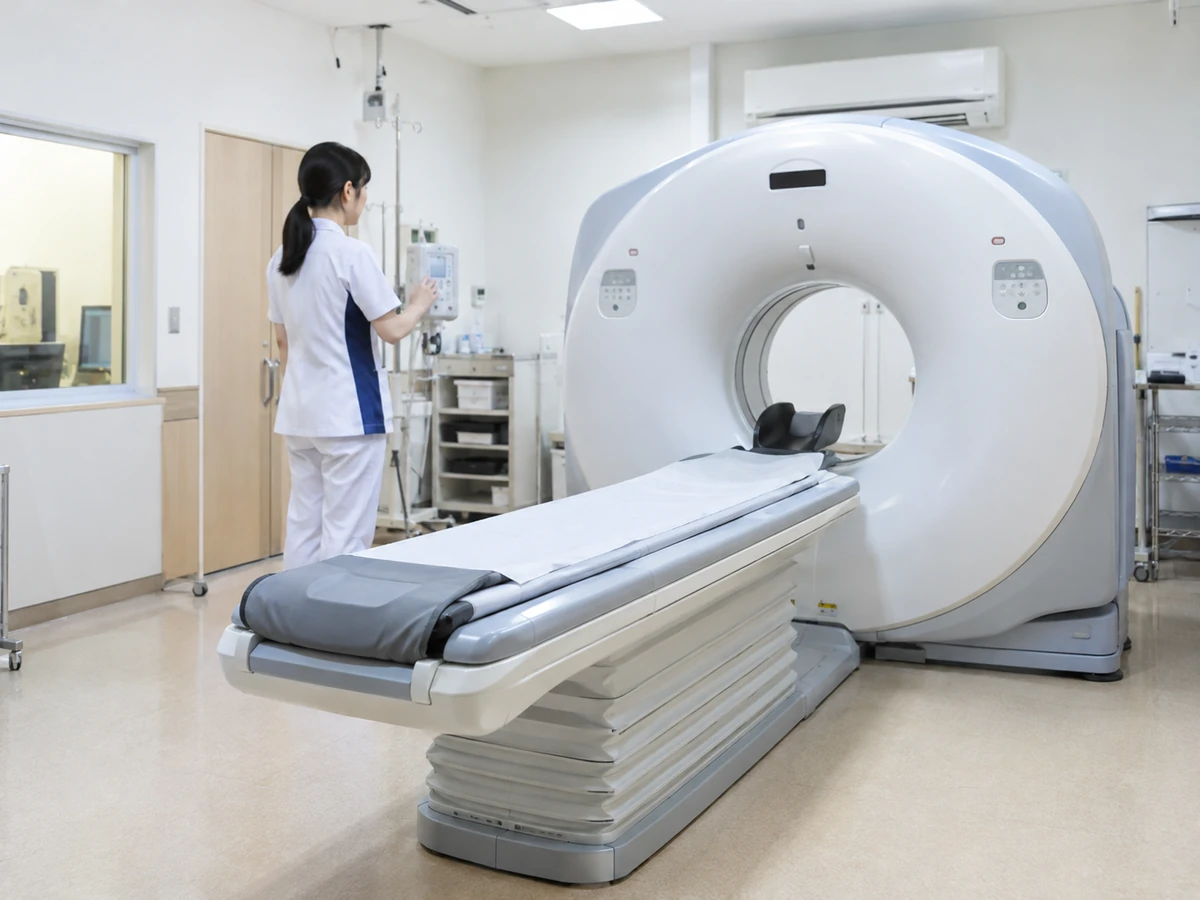 CT検査室で、医療者が検査装置を準備している。