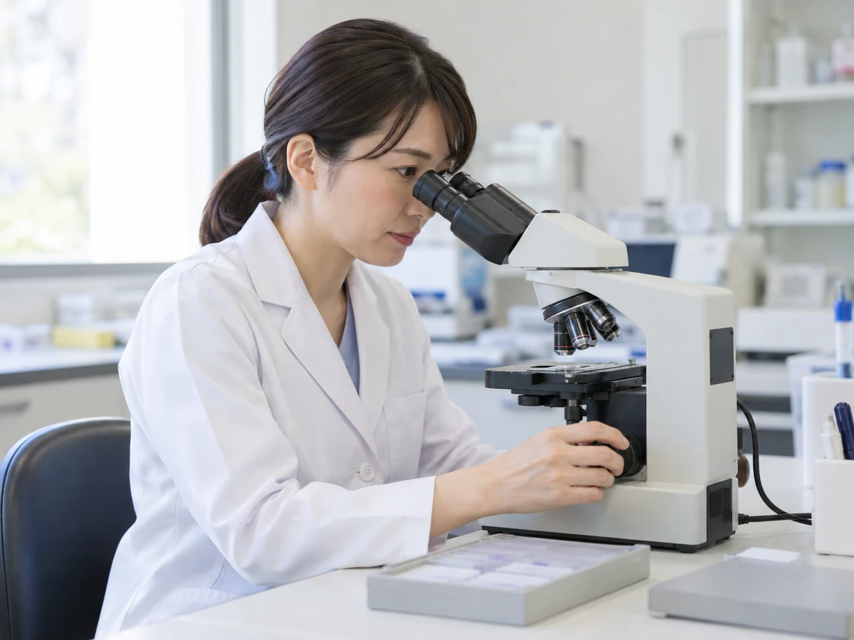 女性が顕微鏡をのぞきながら標本を確認する様子