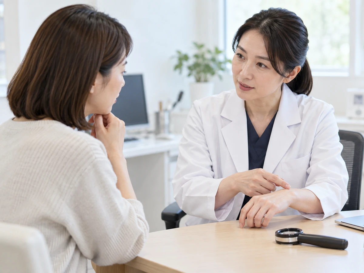 診察室で女性が医師の説明を聞いている。机にはダーモスコープが置かれている。