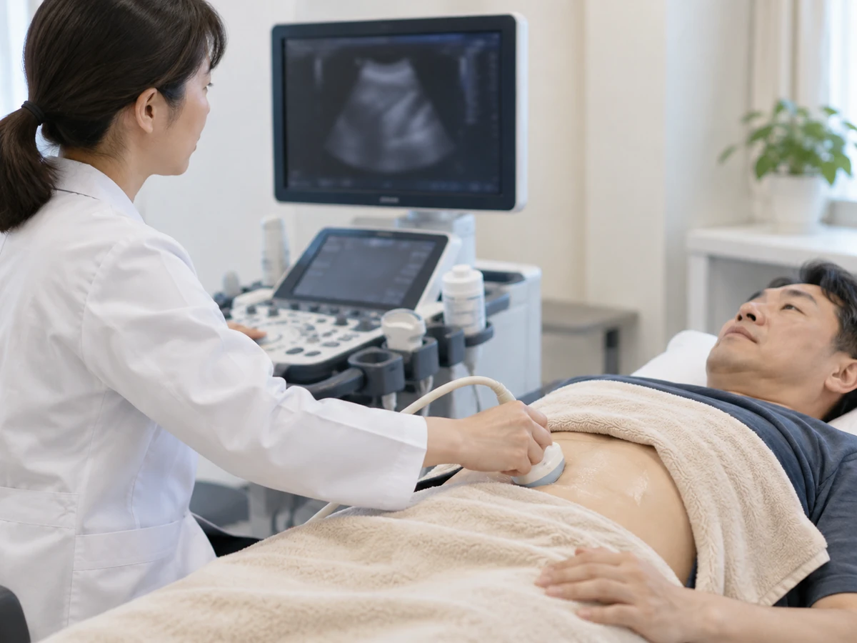 横になった男性の腹部に医療者が超音波のプローブを当てている。